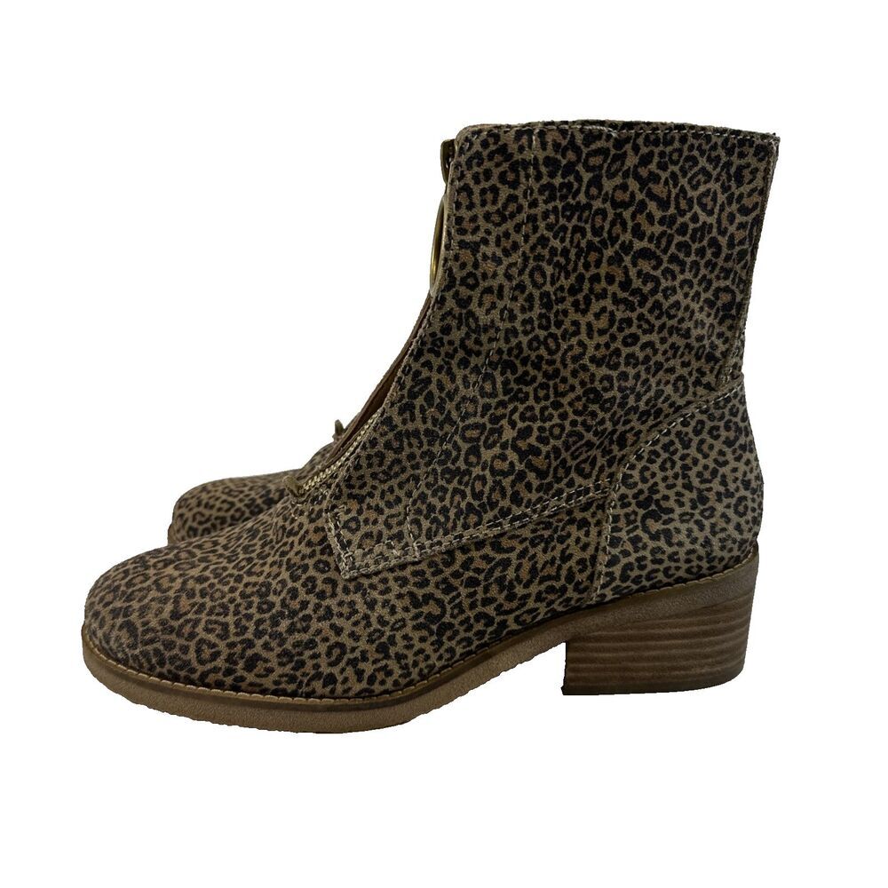 Lucky Brand Tibly Leopard Print Suede Boots Mid Ankle Front Zip Low Heel Women 8